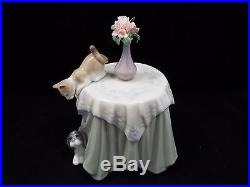 Lladro Figurine #6980 Playful Mates, Cat & Dog on Table, with box