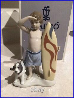 Lladro Figurine #8110 Surf's Up Boy With Surfboard And Dog Mib