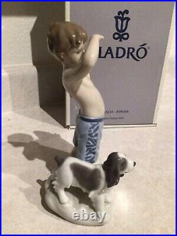 Lladro Figurine #8110 Surf's Up Boy With Surfboard And Dog Mib