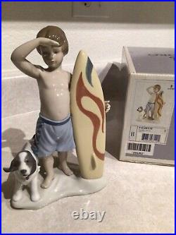 Lladro Figurine #8110 Surf's Up Boy With Surfboard And Dog Mib