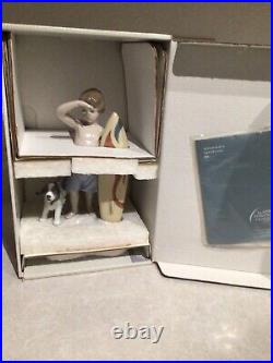 Lladro Figurine #8110 Surf's Up Boy With Surfboard And Dog Mib