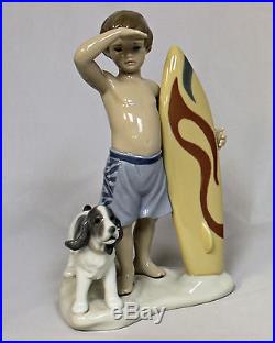Lladro Figurine, 8110 Surfs Up, Boy & Dog, 8.2H $465 V MIB