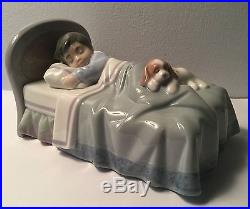 Lladro Figurine Boy With Dog Sleeping in Bed Darling