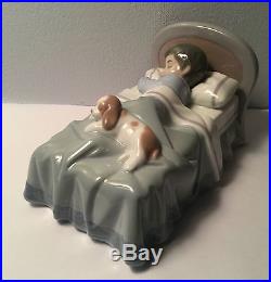 Lladro Figurine Boy With Dog Sleeping in Bed Darling