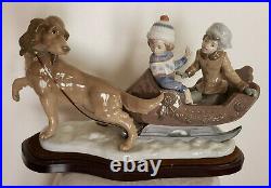 Lladro Figurine Collectible Rare Large #5037 Sleigh Children Sled-dog