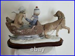 Lladro Figurine Collectible Rare Large #5037 Sleigh Children Sled-dog