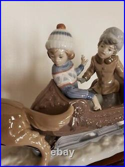 Lladro Figurine Collectible Rare Large #5037 Sleigh Children Sled-dog