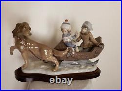 Lladro Figurine Collectible Rare Large #5037 Sleigh Children Sled-dog