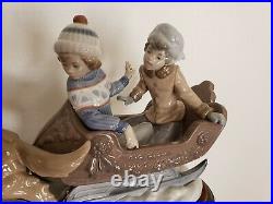 Lladro Figurine Collectible Rare Large #5037 Sleigh Children Sled-dog