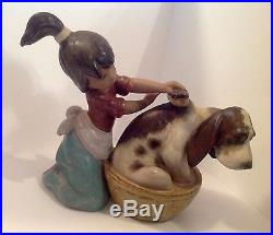 Lladro Figurine Girl & Dog Bashful Bather Washing Dog #2273 Unique Colors