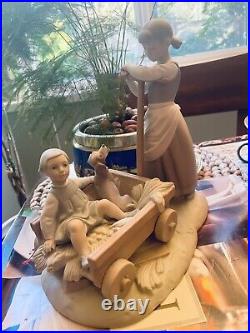 Lladro Figurine Girl Pulling Wagon Cart With Boy & Dog Matte Finish 8 Tall