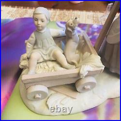 Lladro Figurine Girl Pulling Wagon Cart With Boy & Dog Matte Finish 8 Tall