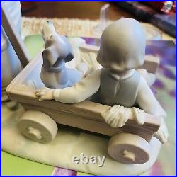 Lladro Figurine Girl Pulling Wagon Cart With Boy & Dog Matte Finish 8 Tall