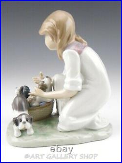 Lladro Figurine JOY IN A BASKET GIRL WITH PUPPIES DOGS #5595 Retired Mint