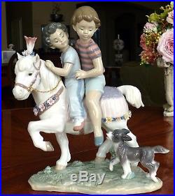Lladro Figurine, Pony Ride #6430 2 Kids on Pony with Dog, in Original Box