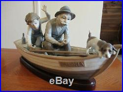 Lladro Fishing With Gramps. Dog, Boy, Gramps, &Boat Porcelain Figure. Missing Rod