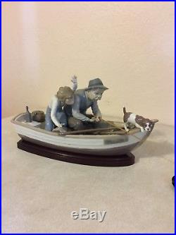 Lladro Fishing with Gramps #5215 Grandpa, Boy, Boat withDog Wood Base