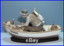 Lladro Fishing with Gramps #5215 Grandpa, Boy, Boat withDog Wood Base & Original Box