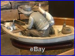 Lladro Fishing with Gramps #5215 Grandpa on Boat with Dog Wood Base w Origin box