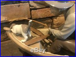 Lladro Fishing with Gramps #5215 Grandpa on Boat with Dog Wood Base w Origin box