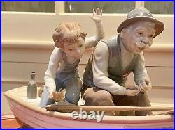 Lladro Fishing with Gramps #5215 with Wood Base Grandpa Boy Dog Retired
