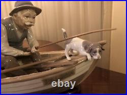 Lladro Fishing with Gramps Figurine #5215 MINT Gramps, Boy & Dog With STAND