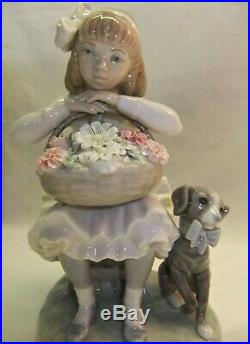 Lladro GIrl with Flowers & Dog #1088, withBox, Glazed, Retired 1989