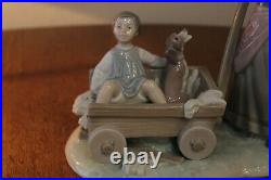 Lladro Girl Pulling Boy & Dog In Wagon #1245