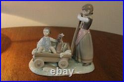 Lladro Girl Pulling Boy & Dog In Wagon #1245