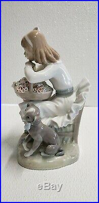 Lladro Girl Sitting in Chair with Flower Basket and Dog Porcelain Figurine
