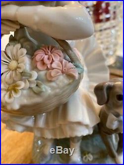 Lladro Girl Sitting in Chair with a Flower Basket and Dog Porcelain Figurine