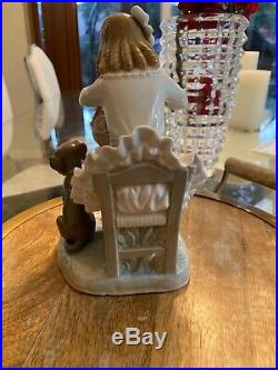Lladro Girl Sitting in Chair with a Flower Basket and Dog Porcelain Figurine