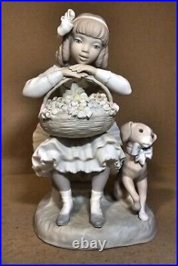 Lladro Girl Sitting with Basket of Flowers and Her Dog Figurine #1088 Matte