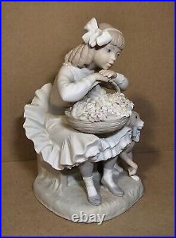 Lladro Girl Sitting with Basket of Flowers and Her Dog Figurine #1088 Matte