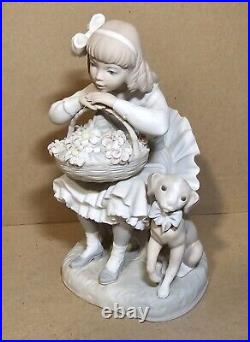 Lladro Girl Sitting with Basket of Flowers and Her Dog Figurine #1088 Matte