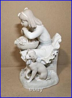 Lladro Girl Sitting with Basket of Flowers and Her Dog Figurine #1088 Matte