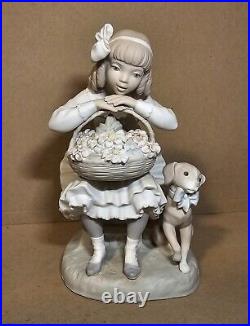 Lladro Girl Sitting with Basket of Flowers and Her Dog Figurine #1088 Matte