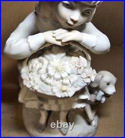 Lladro Girl Sitting with Basket of Flowers and Her Dog Figurine #1088 Matte