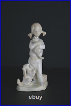 Lladro Girl With Pigtails In Her Pajamas Holding Cat With Dog Figurine (LS8955)