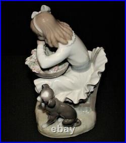 Lladro Girl with Dog Flower Basket Porcelain Figurine #1088, Gloss Finish