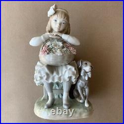 Lladro Girl with Dog Flower Basket Porcelain Figurine No. 1088, Gloss Finish