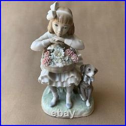 Lladro Girl with Dog Flower Basket Porcelain Figurine No. 1088, Gloss Finish