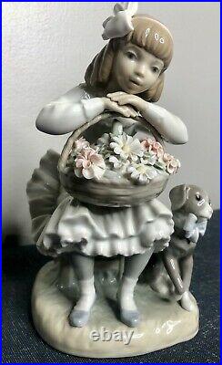 Lladro Girl with Dog Flower Basket Porcelain Retired Figurine #1088, Gloss Finish