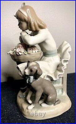 Lladro Girl with Dog Flower Basket Porcelain Retired Figurine #1088, Gloss Finish