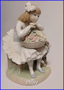 Lladro Girl with Flower Basket and Dog Porcelain Figurine