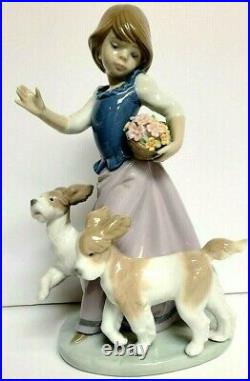 Lladro Girl with Flower Basket and Running Dogs Figurine Rare
