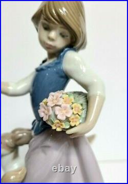 Lladro Girl with Flower Basket and Running Dogs Figurine Rare