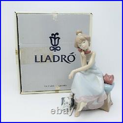 Lladro Glazed Porcelain Figurine Chit Chat Girl On Phone With Dog Laying 5466