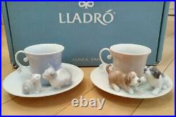 Lladro Happy Tea Time Cup Saucer Dog Cat