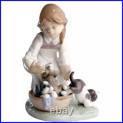 Lladro Joy In a Basket #5595 Girl With Puppies Glossy Figurine